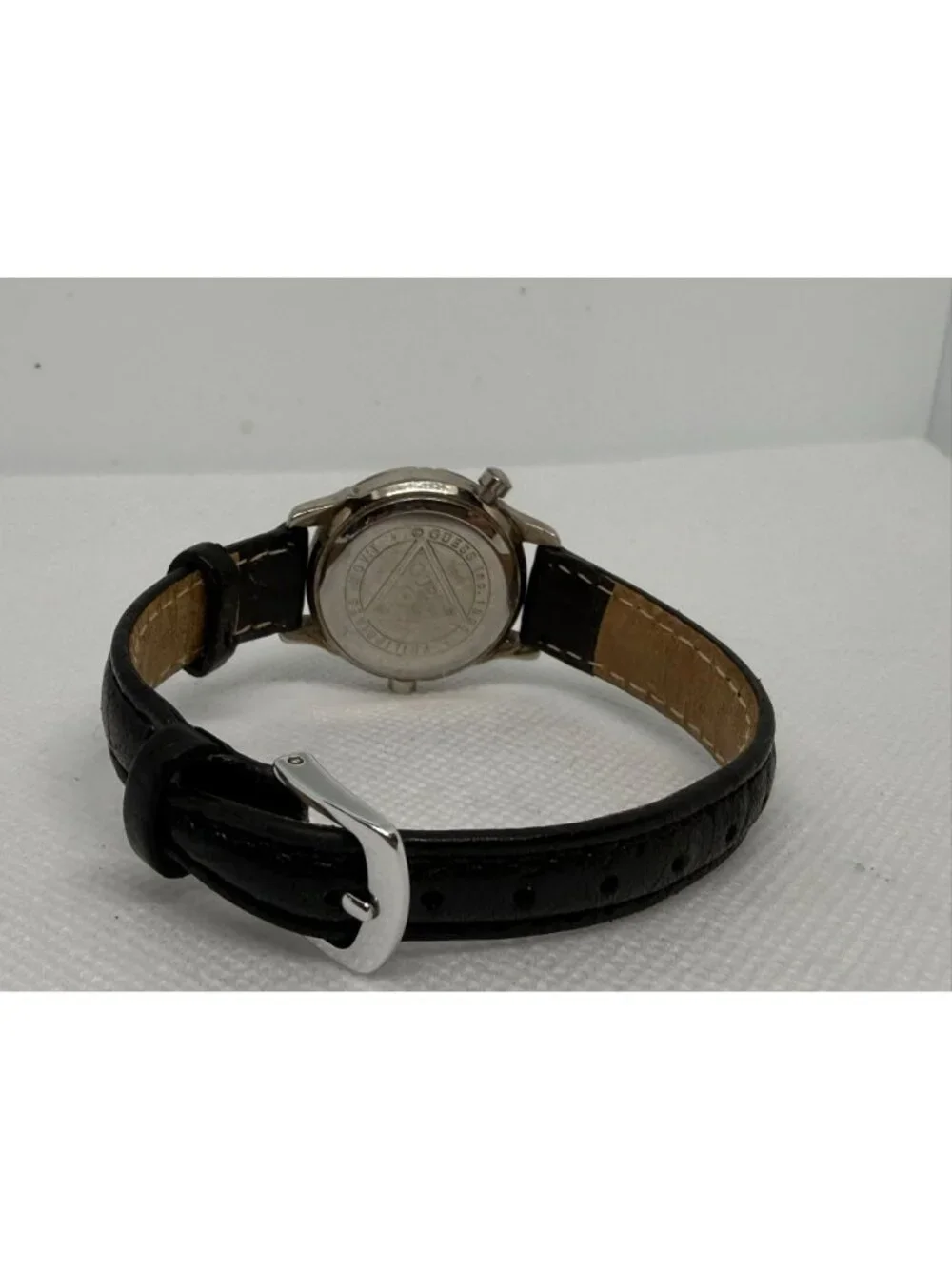 GUESS Vintage 1990s Indiglo Women's Silver-Tone Watch White Dial Black Leather